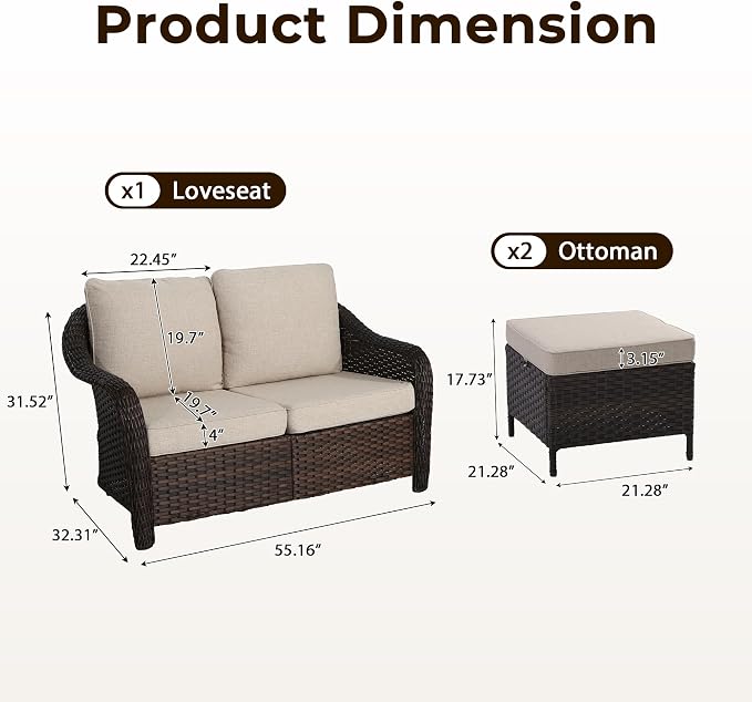 3 Piece Patio Wicker Conversation Set, All-Weather Use Outdoor Wicker Loveseat with 2 PE Rattan Ottomans, Ideal for Porch, Backyard, Balcony, Poolside, Beige