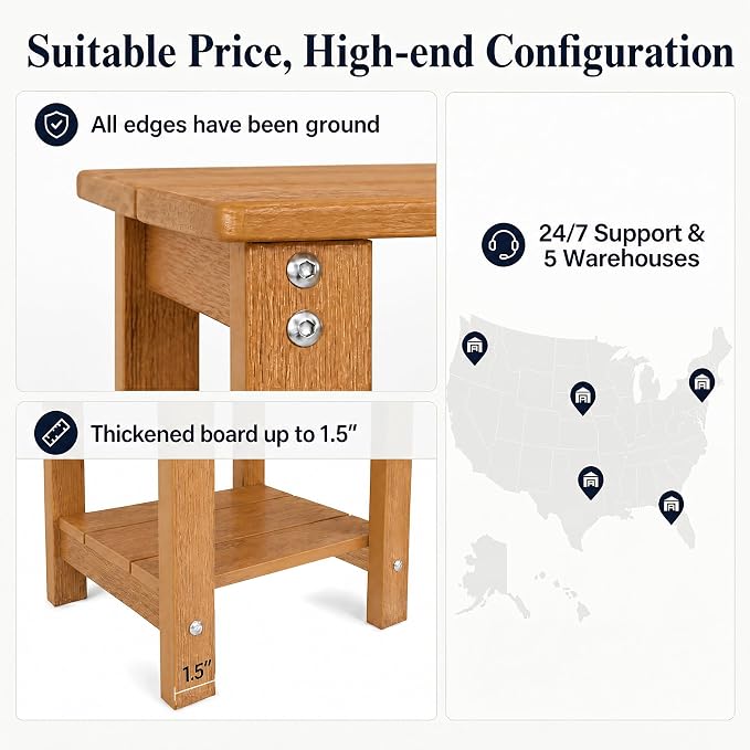 MXIMU Outdoor Side Table Set of 2: Heavy-Duty Sturdy Warp Resistant Adirondack Table - Wood Grain Finish Outdoor End Tables - Easy Assembly & Low Maintenance Patio Side Table Teak