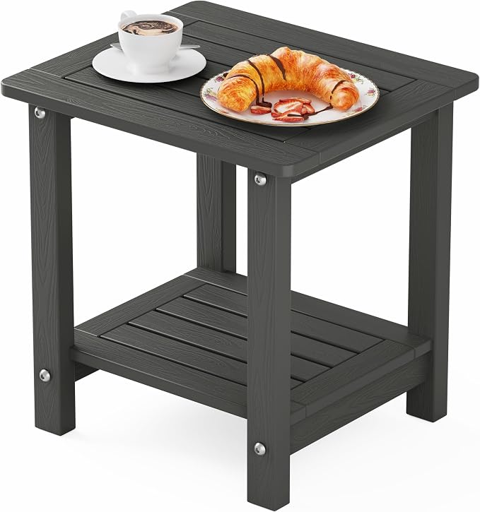 YEFU Outdoor Side Table for Patio: 16" HIPS Weather - Resistant Adirondack Tables - Waterproof Small Square End Tables for Backyard Living Room Bedroom - Indoor Outdoor Double Layer Table Dark Gray