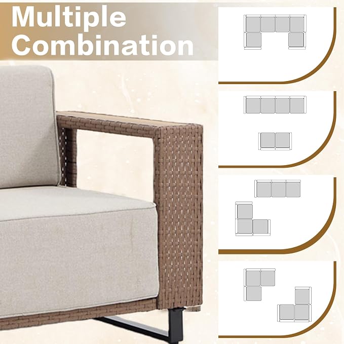 7 Pieces Outdoor Patio Furniture Set, PE Rattan Weaving Sofa with 10 inch Thick Cushions, Dining Table and Coffee Table with Steel Frame and Wooden Board, Brown/Light Gray Linen