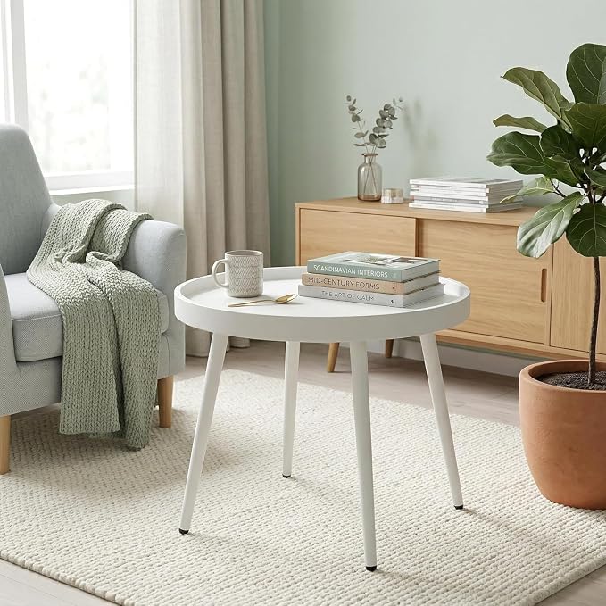 Small Round Side Table - Outdoor Indoor Metal Side Table with Anti-Fall Fence - Small Coffee Drink End Tables for Patio, Living Room Bedroom Porch -White