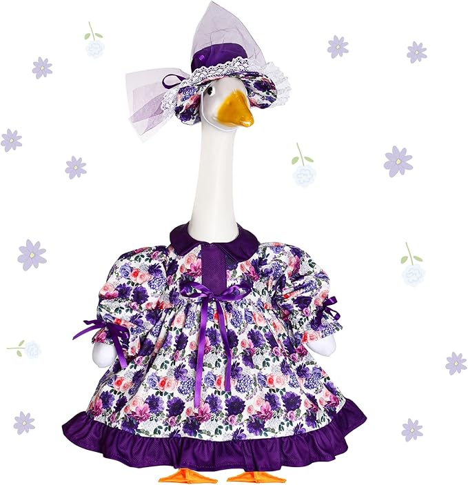 Spring Flower Goose Outfit Daisy Rose Floral Dress for 23'' Cement Plastic Goose Statue for Valentines Day Summer Outdoor Garden Yard Patio Lawn Decor (Purple Flower)