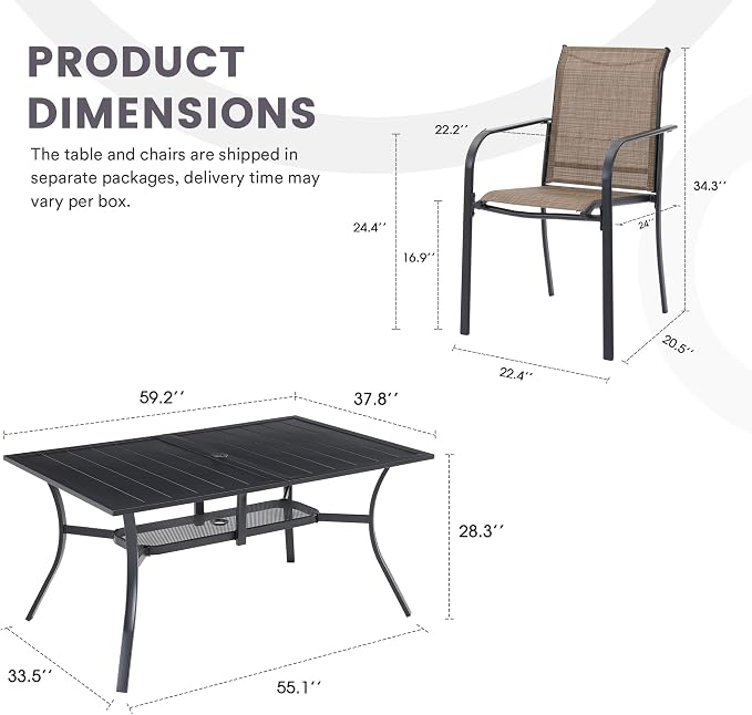 7 Pieces Patio Dining Set, 59" Rectangular Dining Table with Umbrella Hole, 6 Stackable Textile Fabric Chairs, Metal Structure for Patio, Porch, Garden(Black Table, Brown Chair)