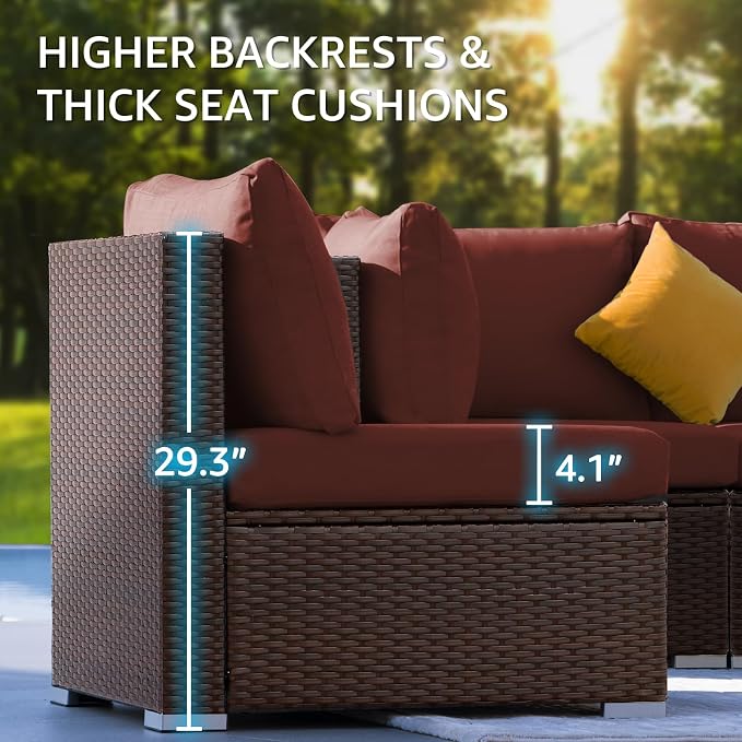 NICESOUL 11 Piece Outdoor Furniture Set with Firepit, Luxury 10-Person Patio Sectional Sets, 29.3'' High-Back Backyard Seating, All-Weather Rattan Couch Sofa for Outside, Deck, Brown & Red