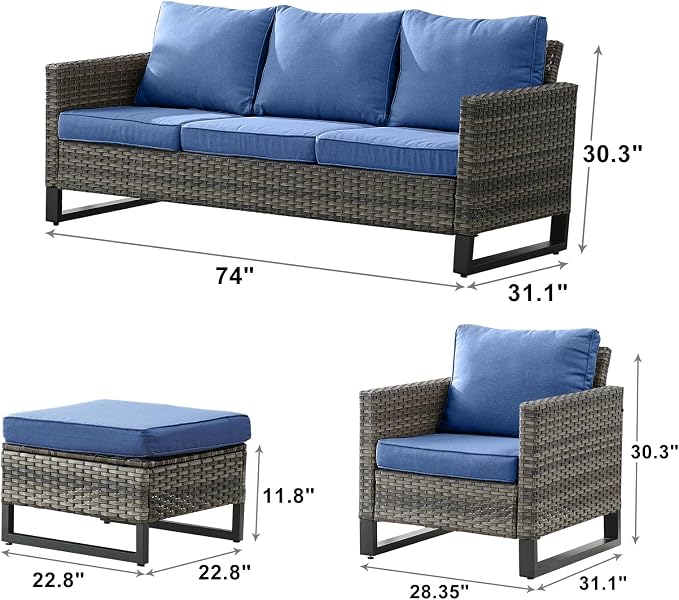 Rilyson Luxury Wicker Outdoor Patio Furniture Set of 5-5 Piece Patio Conversation Set with Ottoman*2, Wicker Chairs*2, Patio Sofa*1 for Outside Porch Deck Backyard Garden(Mixed Grey/Blue)