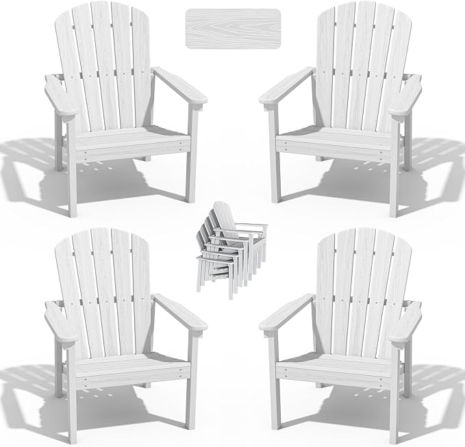nevilywood Compact Stackable Adirondack Chairs Set of 4,HDPE,380lbs,White | 26.3" Wide HDPE.All-Weather Outdoor.Maintenance-Free.Stackable for Storage.25°Curved Straight Backrest.Quick Assembly
