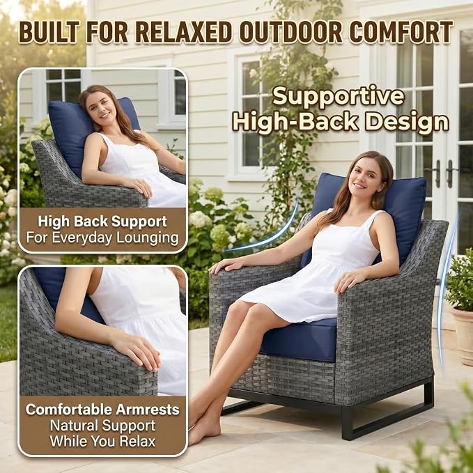 5-Piece Outdoor Patio Furniture Set, Grey Wicker Conversation Set with 2 High-Back Chairs, 2 Ottomans and Side Table, 6-Inch Blue Cushions for Porch, Deck, Backyard