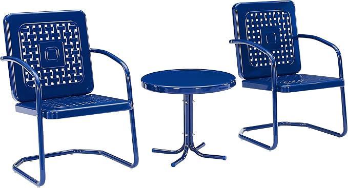 Crosley Furniture Bates 3-Piece Outdoor Chair and Side Table Set, Retro Metal Bistro Patio Conversation Sets, Navy Gloss