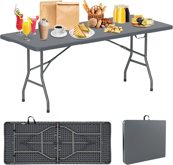 Goplus Folding Table, HDPE Portable Table with 6 ft Long Tabletop, Metal Frame Picnic Camping Table with Safe Lock, Collapsible Dining Table for Camping, Picnic, Party (Gray, 6 FT)