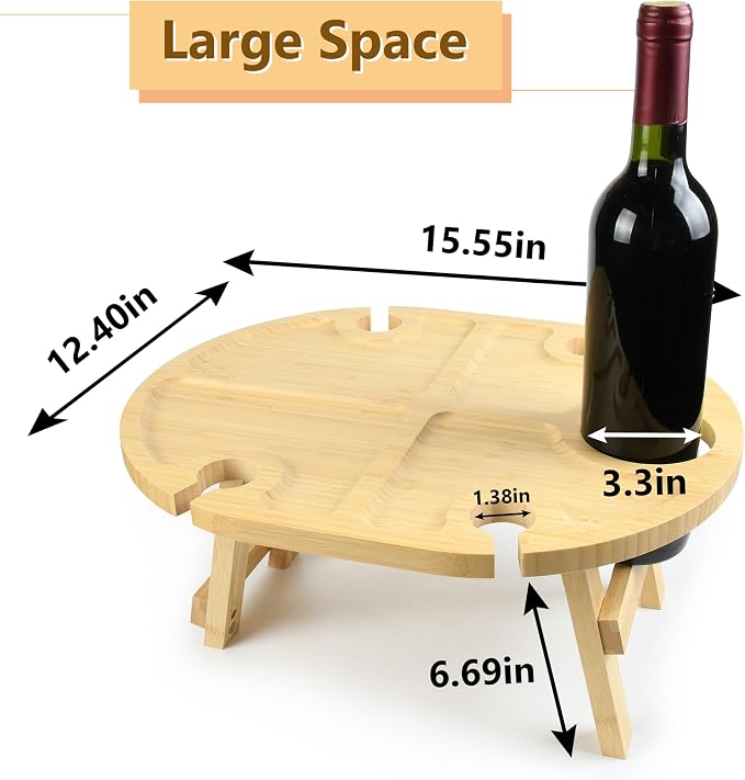 Tirrinia Portable Wine Picnic Table, Foldable Beach Table for Charcuterie, Decoration Picnic Essentials for Camping, Weddings, Concerts for Women, Wine Lovers