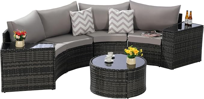 Eafurn 7 Pieces Outdoor Patio Conversation Furniture Sets All Weather Wicker PE Rattan Half-Moon Curved Sectional Sofa with Round Coffee Table, 4 Pillows & Waterproof Cover for Backyard