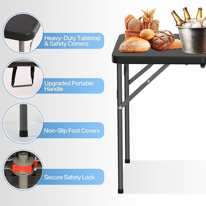 34" Folding Card Table, Heavy Duty HDPE Square Table, Fold-in-Half Portable Design with Carry Handle, Indoor Outdoor Utility Dining Table for Picnic, Camping, 330 lbs (Black, 34in)