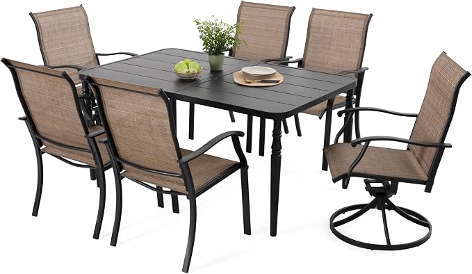 NUU GARDEN 7-Piece Outdoor Metal Dining Set, Patio Dining Table Set with 2 Textilene Swivel Chairs and 4 Textilene Chairs, Patio Furniture Set for Patio, Deck, Garden, Backyard, Balcony, Black&Brown