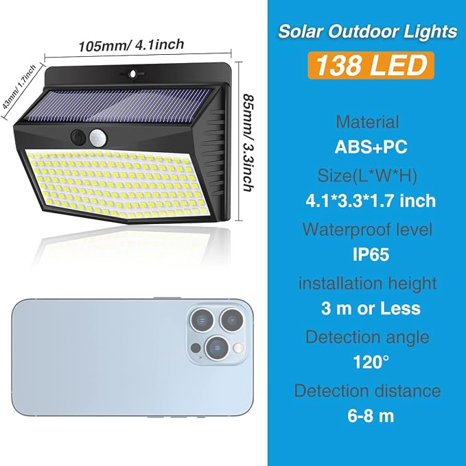 Solar Outdoor Lights, [138 LED/4 Packs] Solar Motion Sensor Security Lights with 3 Lighting Modes Solar Wall Lights Waterproof Solar Powered Lights for Garden Fence Yard Deck Garage | Cool White, Waterproof, LED, Solar Powered, Security, Outside, Wall,...