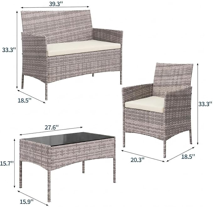 4-Piece Outdoor Furniture Set, PE Rattan Wicker Chairs with Soft Cushions & Tempered Glass Coffee Table - All-Weather Patio Set for Garden, Backyard, Porch, Poolside (Grey/Beige)