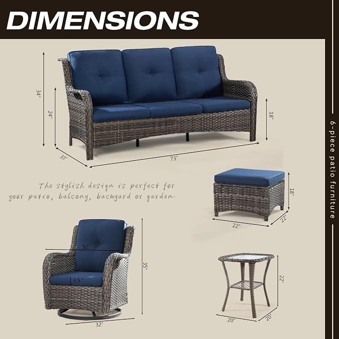 Wicker Patio Furniture Set 6 Piece Set with 1 Three-Seat Sofa, 2 Swivel Rocker Chairs, 2 Ottomans and 1 Side Table, Outdoor Furniture Patio Conversation Sets(Mixed Grey/Blue)