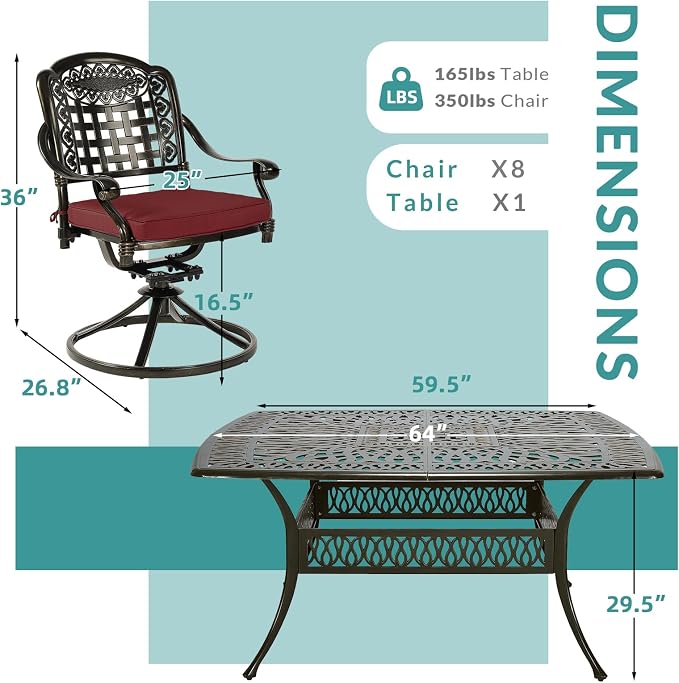 MEETWARM 9-Piece Outdoor Patio Dining Set, All Weather Cast Aluminum Patio Funiture Table and Chairs Set- Large 64" Square Table and 8 Cushioned Swivel Rocker Chairs for Garden, Umbrella Hole, Red