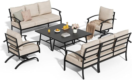 Metal Patio Furniture Set,6 Pieces 8 Seats Patio Sectional Outdoor Furniture Set with 2 Rectangular Coffee Tables,Patio Conversation Sets with 5.1" Thickened Cushions,Sand