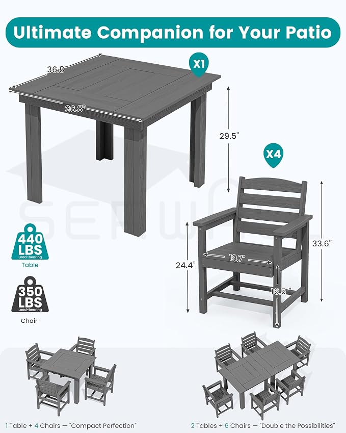 SERWALL HDPE Outdoor Square Dining Set for 4 | with Armchair Seat