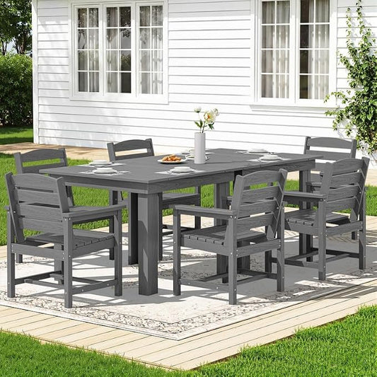KINGYES 8-Piece HDPE Outdoor Dining Set for 6, Square Patio Table & Armchairs with Umbrella Hole, All-Weather Patio Dining Set for Backyard, Garden, Lawn & Poolside, Gray