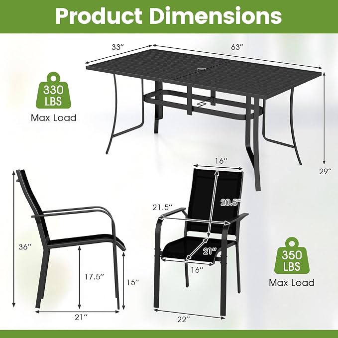 Tangkula 7 Pieces Patio Dining Set for 6, 63” x 33” Outdoor Rectangle Metal Table with Umbrella Hole & 6 Stackable Breathable Mesh Armchairs, Outside Furniture Set for Backyard, Garden & Porch (Black)