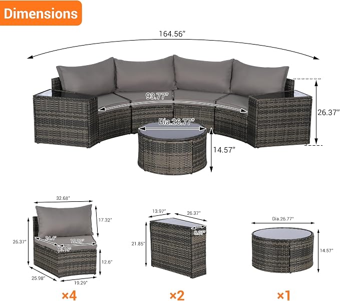 Eafurn 7 Pieces Outdoor Patio Conversation Furniture Sets All Weather Wicker PE Rattan Half-Moon Curved Sectional Sofa with Round Coffee Table, 4 Pillows & Waterproof Cover for Backyard