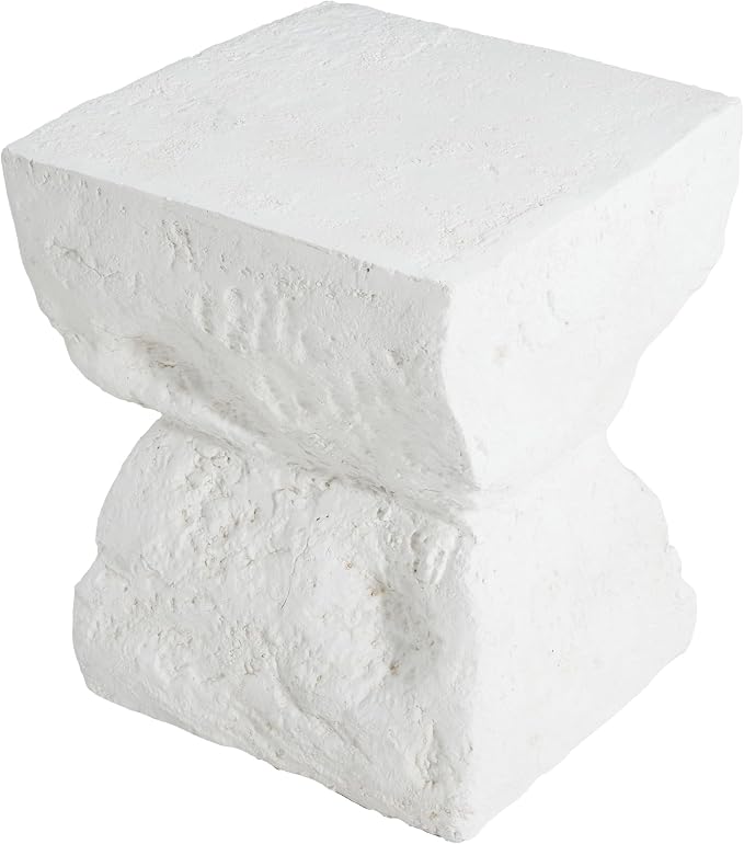 Christopher Knight Home Nataly 18.5" H Small Outdoor Side Table, Hourglass-Like Shape Carved Garden Stool, Lightweight Concrete End Table, Patio Decorative Home Stool for Balcony Backyard, White