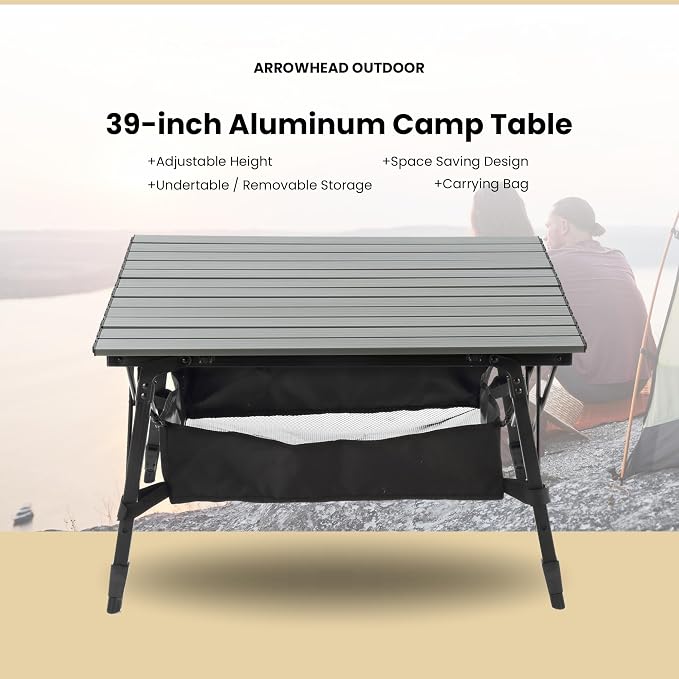 ARROWHEAD OUTDOOR 2-Pack 39" Aluminum Folding Camp Roll Up Table w/Adjustable Height, Undertable Mesh Storage, Carry Bag
