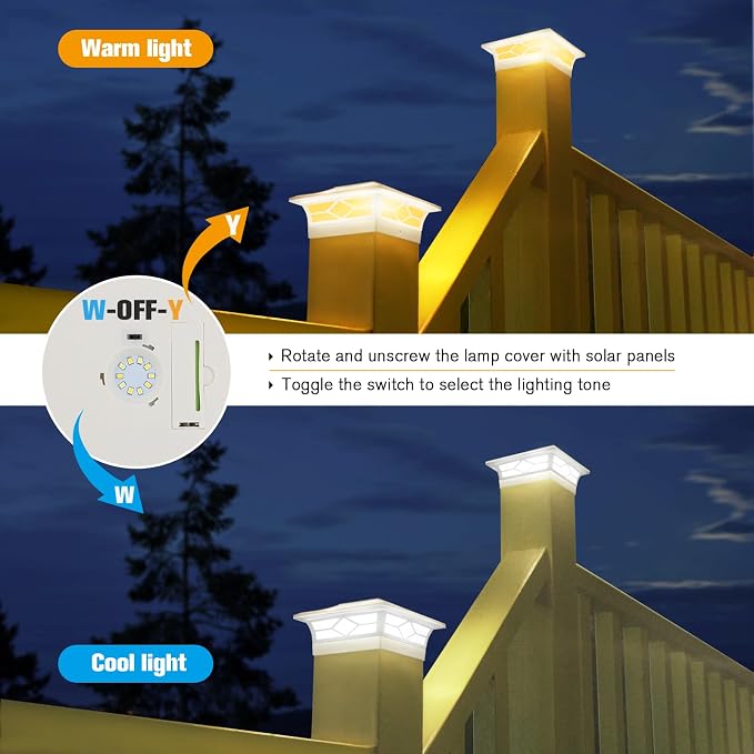 JOFIOS Solar Fence Post Lights, Cap Lights for 4x4/5x5 Vinyl Fence and 4x4/6x6 Wooden Post, Warm White/Cool White Lighting, White Solar Cap Outdoor Waterproof Decorate Garden Pathway Dcek Patio
