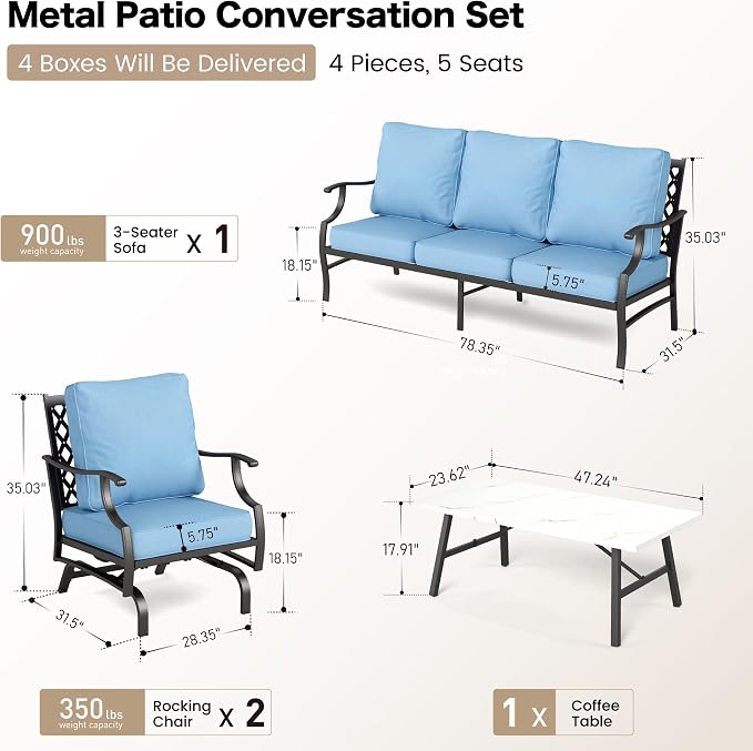 SUNSHINE VALLEY 4 Piece Metal Outdoor Patio Furniture Set, Patio Conversation Set 1 3-seater Sofa, 2 Rocking Chair with 5.75" Extra Thick Cushion and Coffee Table, Black Frame Backyard Furniture, Blue