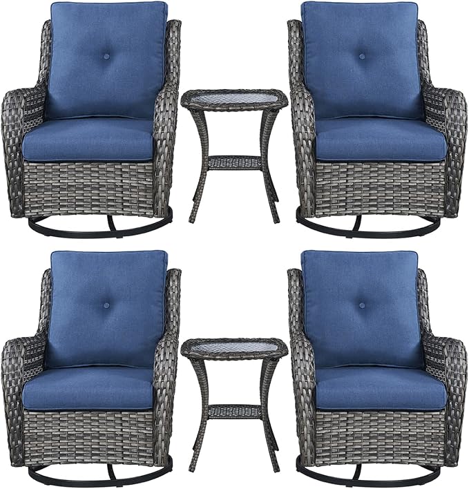 Rilyson Wicker Rocking Chair Swivel Chairs – 6 Piece Rocker Patio Furniture Set Rattan Rocking Bistro Sets with Glass Top Side Table for Outdoor Porch Deck Garden Backyard(Mixed Grey/Blue)