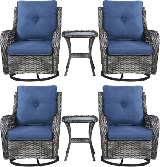 Rilyson Wicker Rocking Chair Swivel Chairs – 6 Piece Rocker Patio Furniture Set Rattan Rocking Bistro Sets with Glass Top Side Table for Outdoor Porch Deck Garden Backyard(Mixed Grey/Blue)