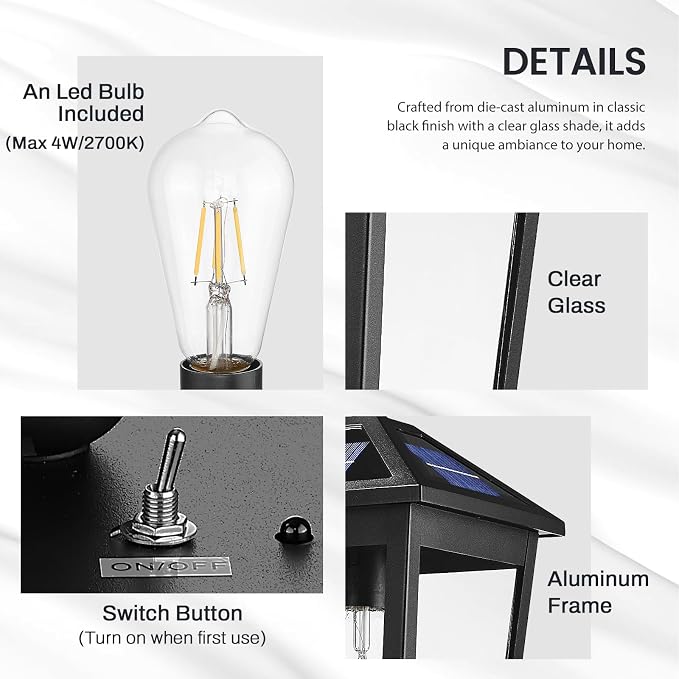 zeyu 17 Inch Solar Outdoor Post Light, Outdoor Lamp Post Light Fixture with Remote, Die-Cast Aluminum with Clear Glass Shade, Black Finish, ZYX115P-SL BK