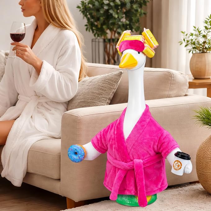 Lady Porch Goose Outfits, Spring Summer Porch Goose Clothes for 23 inch Goose Statue, Bathrobe Goose Costume with Curlers, Sleep Mask, Coffee, Donut for Lawn, Yard, Garden, Outdoor Patio, Home Decor