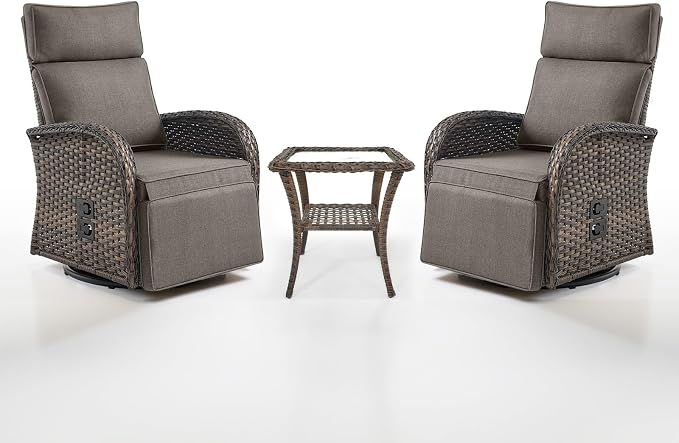 Dual-Adjust Swivel Outdoor Recliner Chair Set of 3 - Reclining Patio Chair with Adjustable Backrest and Footrest, All-Weather Wicker Chaise Lounge Outdoor with Side Table for Pool Deck Brown Grey