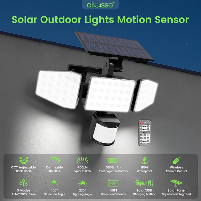 ALUSSO Solar Lights Outdoor Motion Sensor, 400LM LED Security Lights w/Remote, Dusk to Dawn/Auto/On Time Modes, CCT Adjustable 3000K-6500K, Dimmable IP54 Flood Wall Light for Garden Yard(1 Pack)