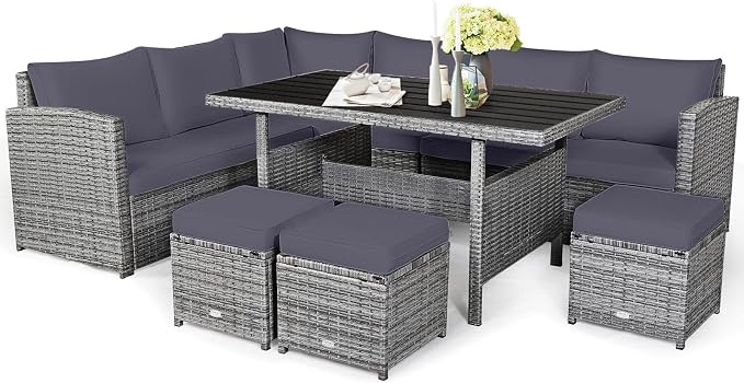 Tangkula 7 Pieces Patio Furniture Set, Outdoor Sectional Rattan Sofa Set with Cushions, All Weather Wicker Conversation Couch Set w/Dining Table & Ottomans for Backyard Garden Poolside (Grey)