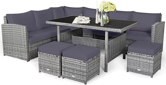 Tangkula 7 Pieces Patio Furniture Set, Outdoor Sectional Rattan Sofa Set with Cushions, All Weather Wicker Conversation Couch Set w/Dining Table & Ottomans for Backyard Garden Poolside (Grey)