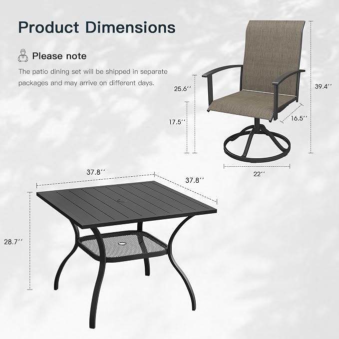 VICLLAX 5 Pieces Patio Outdoor Dining Set, 4 Swivel Textilene Chairs and 38" Square Metal Table with Umbrella Hole for Porch, Deck, Garden, Black/Brown
