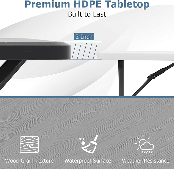 LDAILY Picnic Tables, Rectangular Picnic Table with Steel Frame, 2 Benches Set, HDPE Tabletop, Plastic Picnic Table for Outdoor, Camping, Patio, Lawn, Yard, Picnic Parties (Gray)