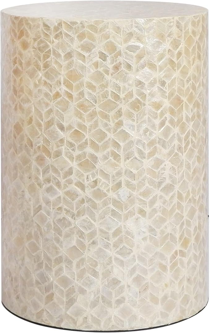 PEMAR Capiz Shell Cylinder Drum End Table Nacre Side Table Stool Round Drum Accent Coffee Bedside Nightstand and Vanity Stool, 13" Diameter x 19.3" High, White Cream