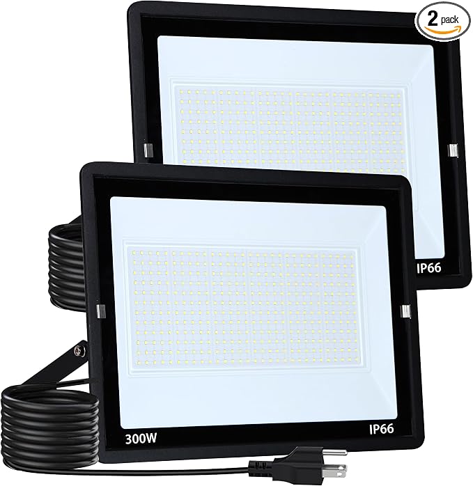 300W LED Flood Light Outdoor, LED Work Light,Floodlight Fixture with Plug in IP66 Waterproof, 6500K 2Pack Security Light for Yard Garden Stadium Garage Playground