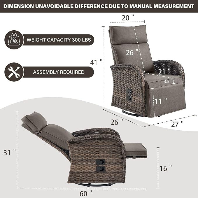 Belord Swivel Outdoor Recliner Chair Set of 2 - Reclining Patio Chair with Adjustable Backrest and Footrest, All-Weather Wicker Chaise Lounge Chair Outdoor for Pool Deck (Upgraded 2.0)