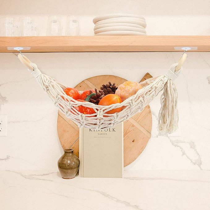 Hanging Fruit Hammock Under Cabinet Hanging Basket Includes Hooks - Macrame Bohemian Hanging Banana Vegetable Hammocks Kitchen Storage Counter Space Saving Decoration at Home, Boat (Style A - 1 Pack)