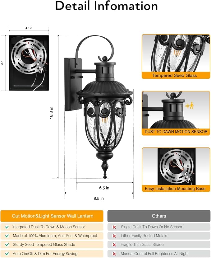 VIANIS Motion Sensor Outdoor Lights, Dusk to Dawn Outdoor Motion Sensor Light, 2 Pack Exterior Lighting Fixtures with Seed Glass,Black Outside Lights for House, Garage, Front Porch, Anti-Rust