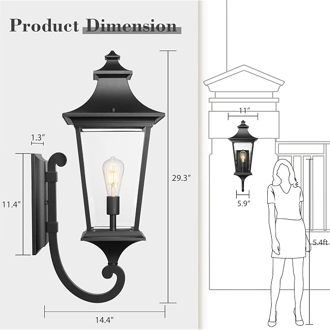 Emliviar 29.3 Inch Outsider Wall Lantern, Outdoor Wall Light Suitable for House Porch, Clear Glass in Black Finish, XE292UB-L BK