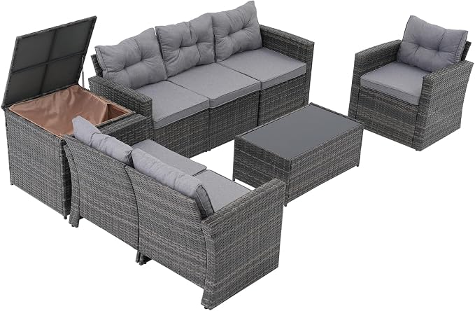Super Patio 8 Pieces Outdoor Patio Furniture Set, Wicker Patio Conversation Sets with Storage Box, Rattan Outdoor Sectional Sofa Set with Cushions and Coffee Table for Outside Porch, Deck, Gray