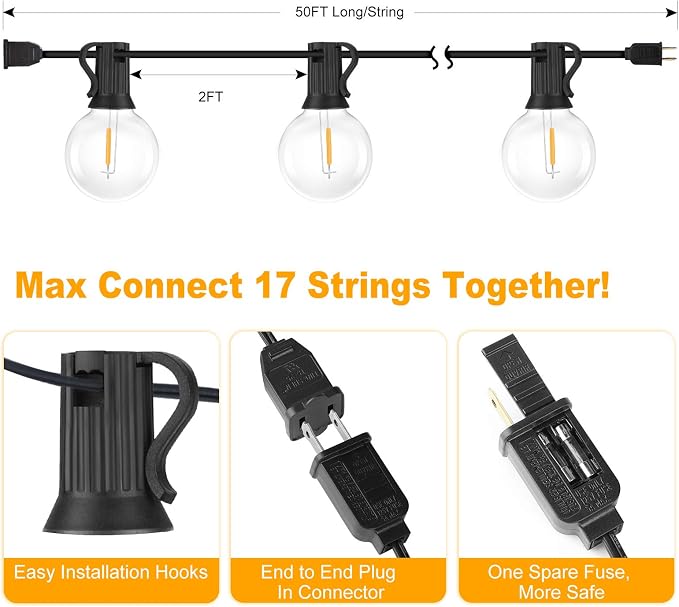 100ft 2-Pack Outdoor String Lights, G40 LED Globe Waterproof Patio Lights | 52 Shatterproof Edison Bulbs, Dimmable, Plug-In, Connectable, Commercial Hanging Lights for Porch Backyard Party Decor
