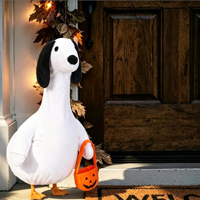 Halloween Porch Goose Outfit Ghost Dog Clothes for 23" High Cement or Plastic Goose Costume for Yard Lawn Outdoor Garden Patio Duck Statue Decor Halloween Puppy Ghost Costume Trick or Treat Decor