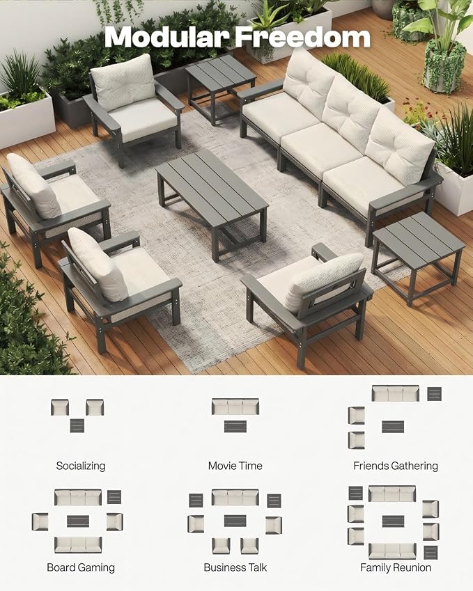 HDPE Outdoor Patio Furniture Set, 10-Piece Patio Conversation Sets with Coffee Table & Beige Washable Thick Cushions, Outdoor Sofa for Garden, Balcony, Porch,(Grey Frame)